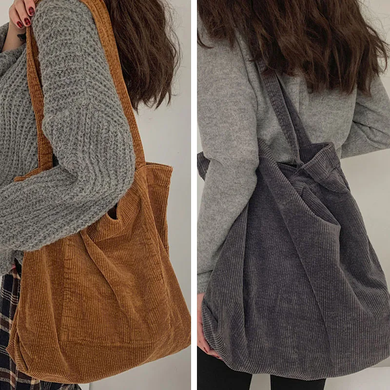 

Women Corduroy Shopping Bag Shoulder Bag Environmental Storage Handbag Reusable Foldable Eco Friendly Grocery Totes
