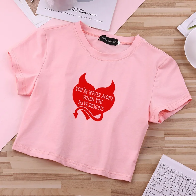 

Goth T-shirts Women Cropped Tops Kawaii Pink Harajuku T-shirts Devil Graphic Summer Slim Bodycon E-girl Tops Woman Tshirts 2021
