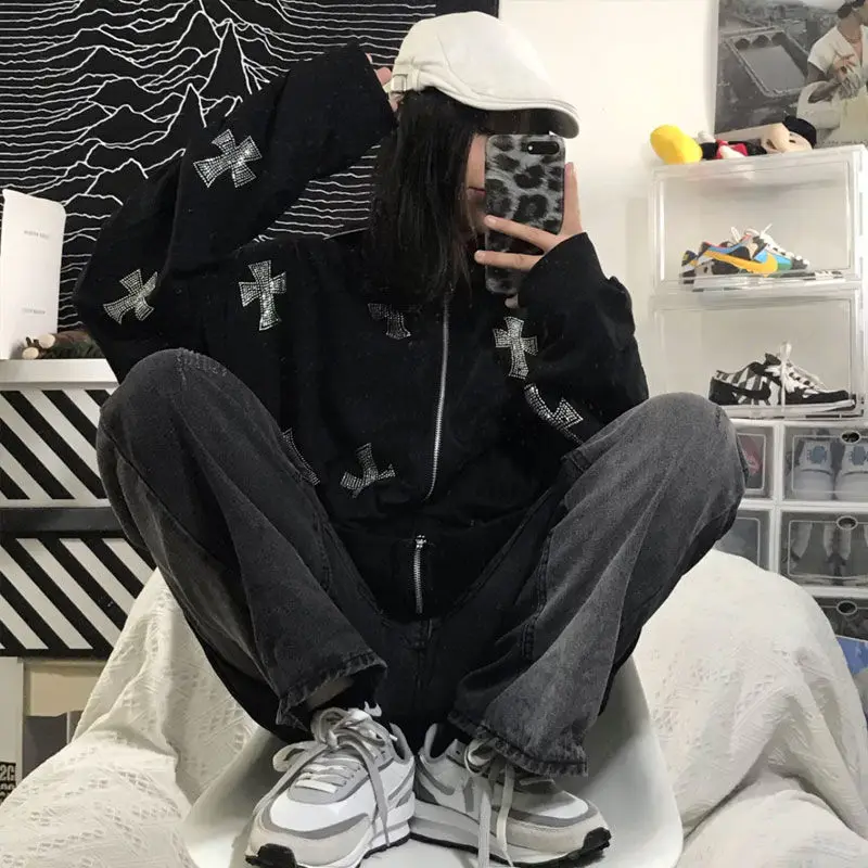 Hip Hop Hoodie Sweatshirt Korean Fashion Punk Grunge Sport Coat Rhinestone Gothic Long Sleeve Women Zip Hoodie Y2k Jacket