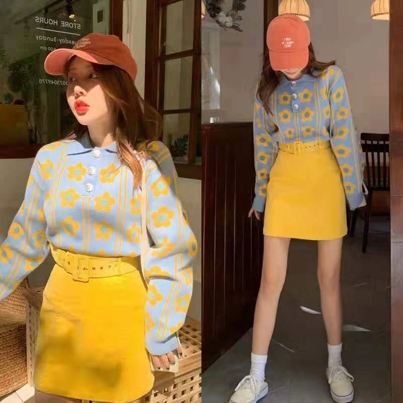 

2021 Autumn Winter 2 Piece Skirt Suits Sets Women Flower Sweater+ Mini Belted Skirt Suits Fashion Korean Sweet Kawaii 2 Pcs Sets