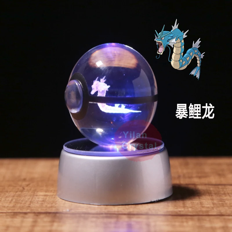 Anime Pokemon Totodile 3D Crystal Ball Pokeball Anime Figures Engraving Crystal Model with LED Light Base Kids Toy ANIME GIFT