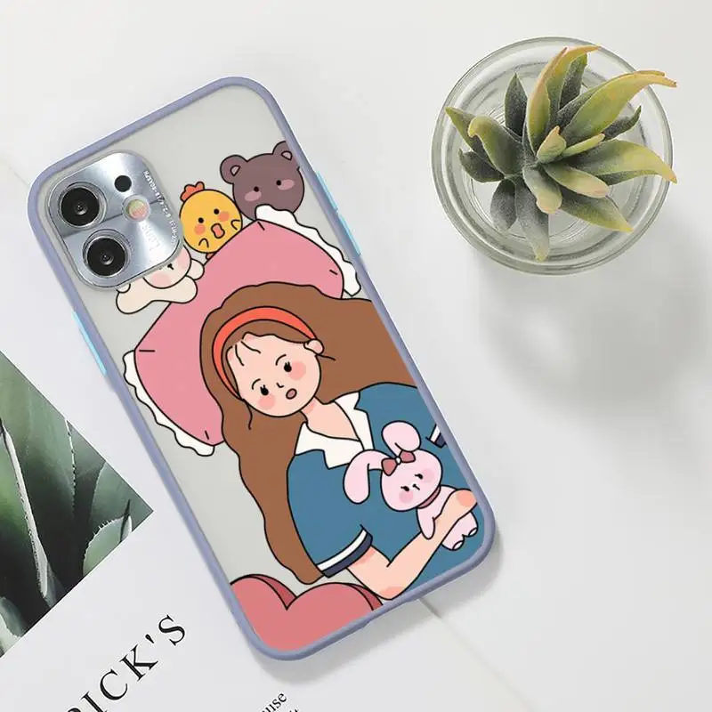 

Aesthetic cartoon girl Phone Case For iPhone 12 11 Mini Pro XR XS Max 7 8 Plus X Matte transparent Gray Back Cover