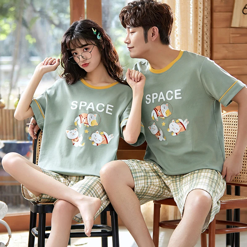 

Korean Fresh Light Green Couple Pajamas Set Cartoon Cute Sleepwear Summer Short Sleeve Homewear Plus Size Cotton Women Nightwear