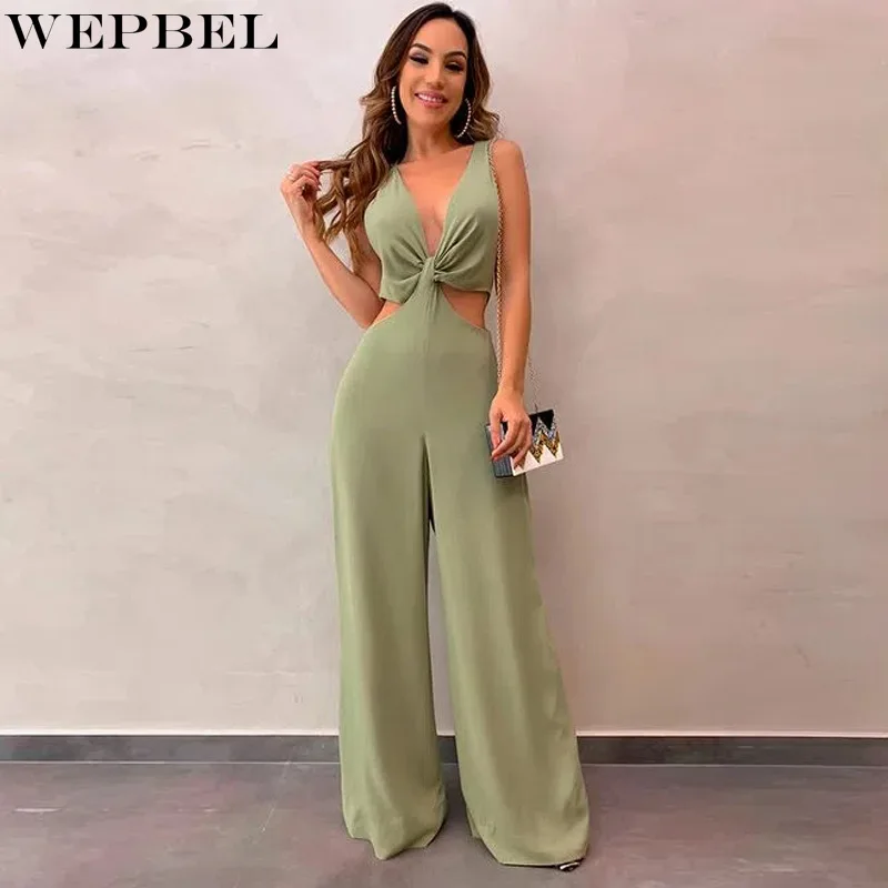 

WEPBEL Women's Elegant Jumpsuit Ladies Sexy Fashion Sleeveless V Neck High Waist Corset Hollow Out Romper Wide Leg Trousers