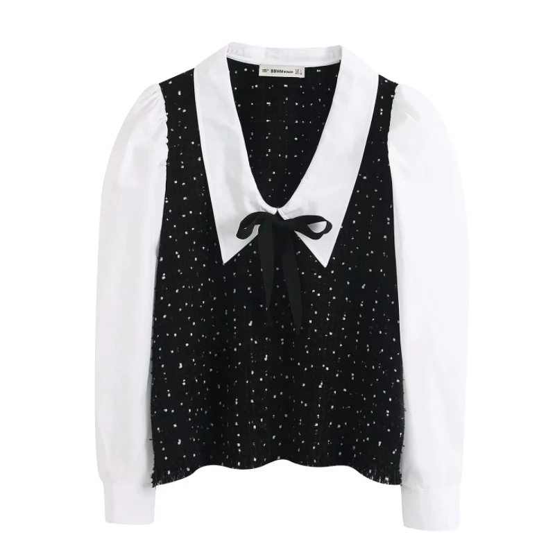 

Hot Sale Women Contrast Color Splicing Shirt V Neck Smock Female Puff Sleeve Blouse Casual Lady Tops Blusas S9519