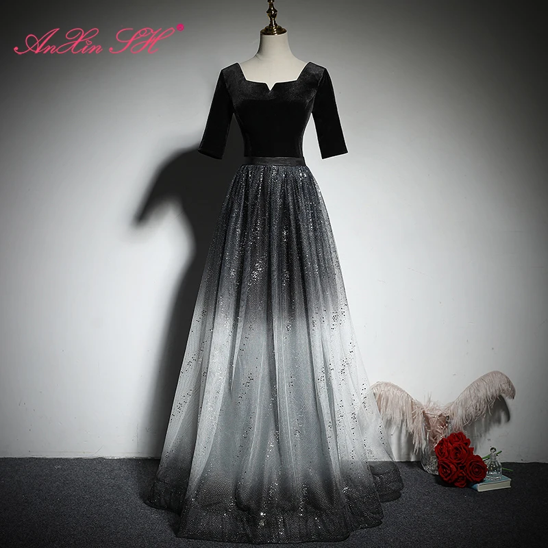 

Черное бархатное вечернее платье принцессы AnXin SH, винтажное вечернее платье для выступления невесты с сердечком и коротким рукавом, сверкаю...