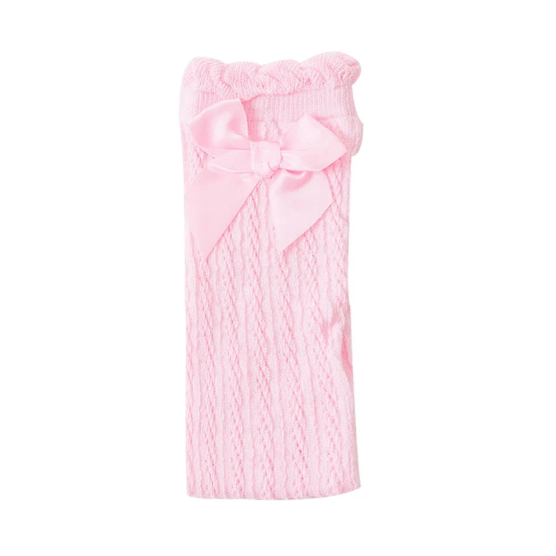 Pink Милые однотонные длинные хлопковые носки с бантом для девочек осенние дышащие детские носки для девочек одежда для малышей - Цвет: Pink