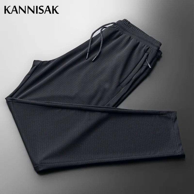 

KANNISAK Casual Summer Ice Silk Men Pants Lightweight Breathable Joggers Pants Black Tie Feet Loose Trousers Male Sweatpants