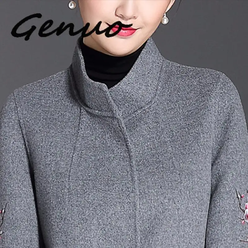 Женское шерстяное пальто с вышивкой длинное жаккардовое большого размера в