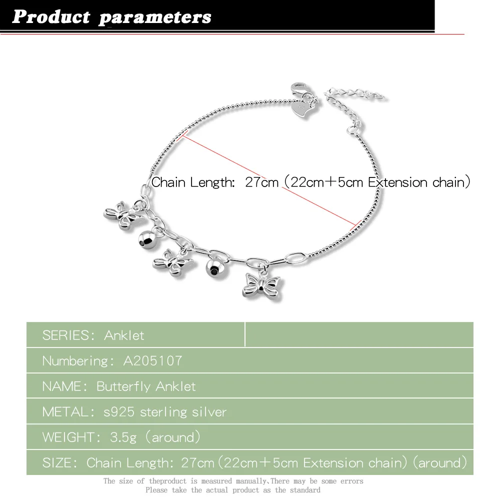 Women's 925 sterling silver chains cute butterfly anklets lady popular foot jewelry girl present | Украшения и аксессуары