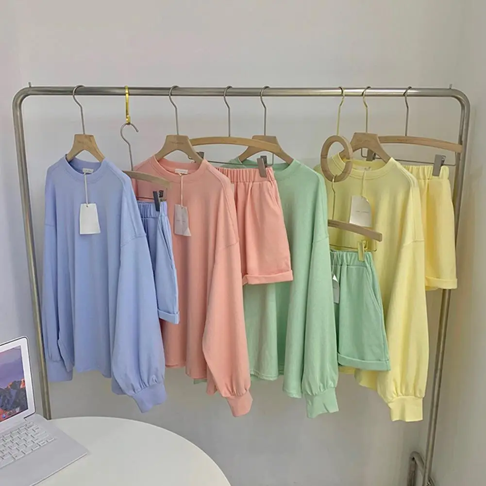 

Spring New Candy Color Loose Long-sleeved T-shirt Casual Shorts Suit Women Color Daily Street Style Wear For Outdoor Walk