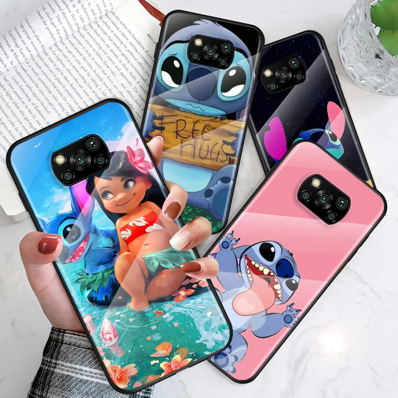 

Tempered Glass Shell Luxury Cover Cute Cartoon Stitch For Xiaomi Mi POCO F3 F2 X3 NFC X2 M2 Pro Shockproof Phone Case