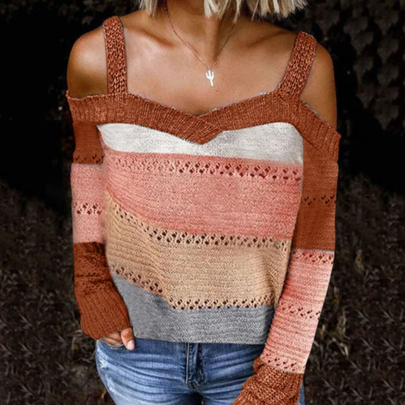 

2020 Autumn Off Shoulder Patchwork Sweater Women Casual Long Sleeve Knitted Sweater Top Winter Striped Loose Pullover Jumpers