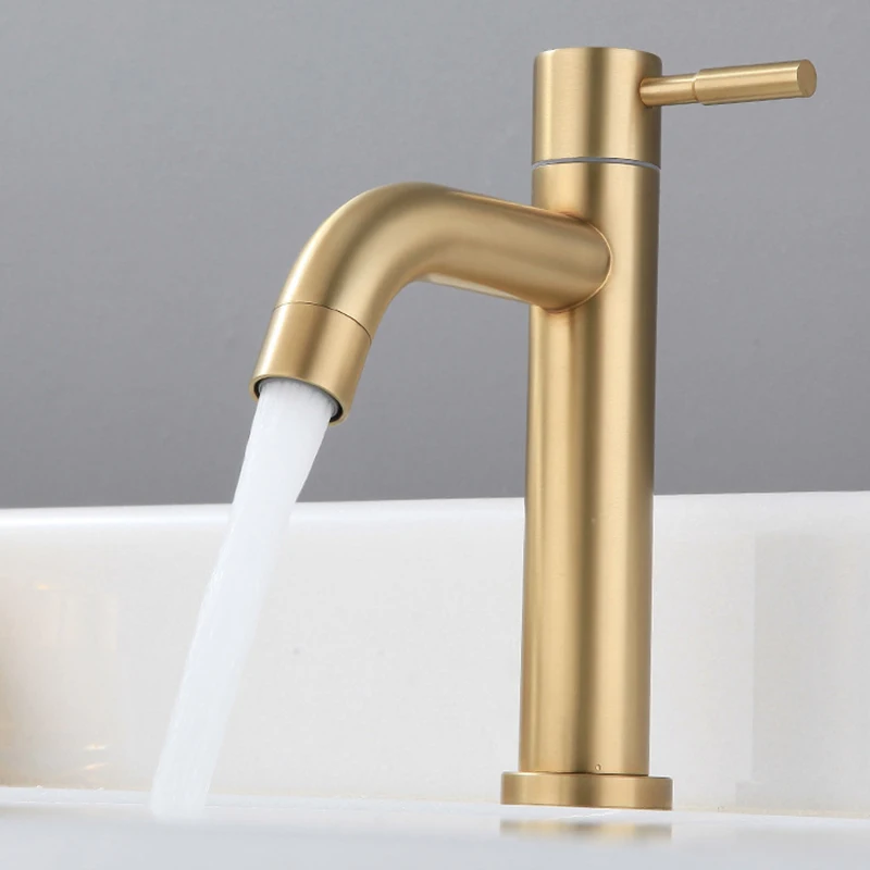 

304 Brushed Gold Stainless Steel Basin Faucet Single Cold Bathroom Faucet Deck Mounted Bathroom Vessel Sink Bathroom Fixture