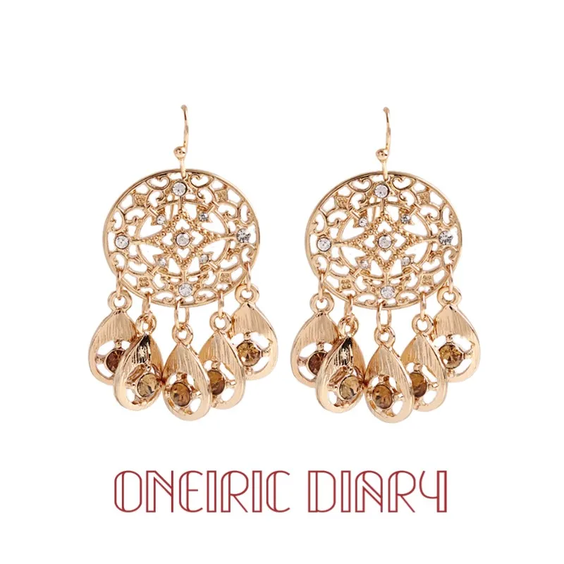

ONEIRIC DIARY Hollow Water Drop Flash Rhinestone Tassel Earring Vintage Golden Exaggerated Earrings Female Jewelry