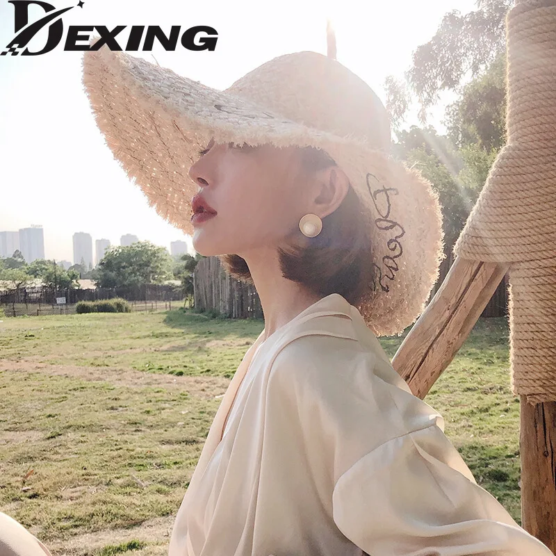 

2020 New Korean Version natural Raffia Embroidery Letter Straw Hat Wide Brim Casual Tide Summer Beach Cap Women'S Hat