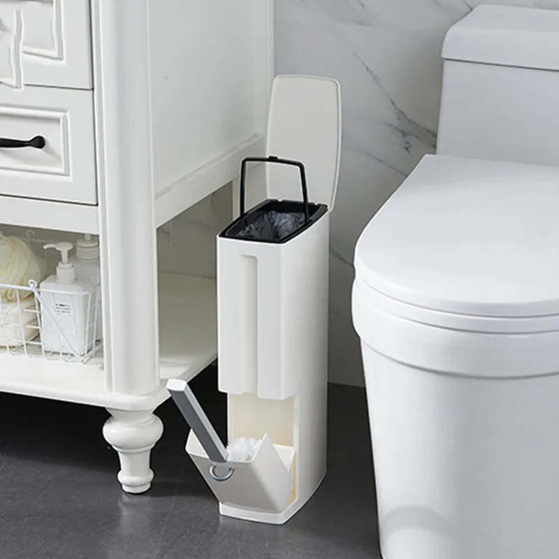 

Plastic Bathroom Trash Can With Toilet Brush Waste Bin Narrow Dustbin Garbage Bucket Kitchen Bathroom Household Cleaning Tools