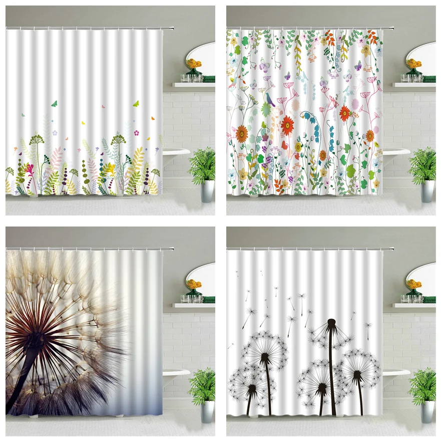 

Plant Series Shower Curtain Bathroom Waterproof Polyester Fabric Cloth Curtain Dandelion Flower Print Bathtub Decor With Hooks