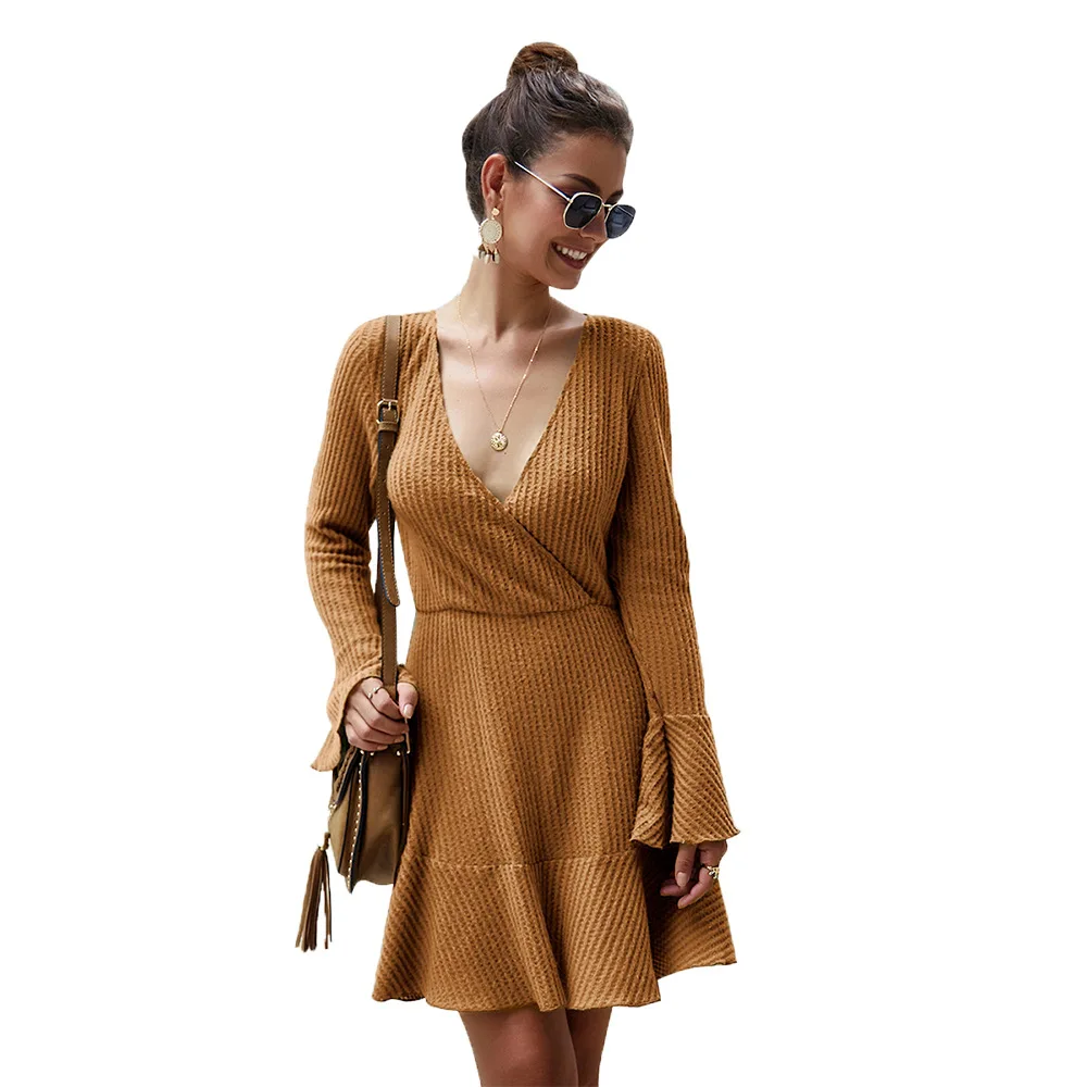 

Women Dresses Summer Autumn 2020 Sexy V Neck Knitting Boho Beach Dress Ruffle Long Sleeve A Line Mini Dress Wrap Sundress Robe