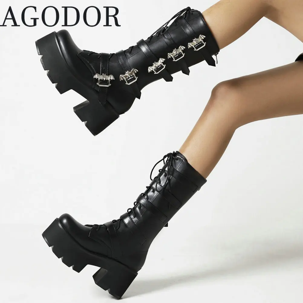 

Женские сапоги до колена AGODOR, на платформе, в готическом стиле, мотоциклетные сапоги, Пряжка из лакированной кожи