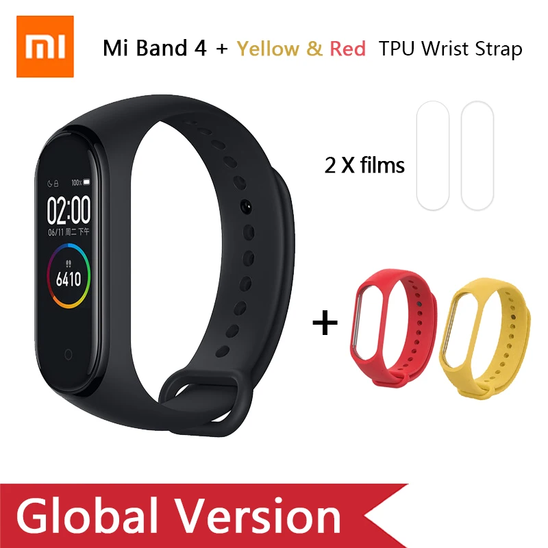 Add Yellow Red strap Глобальная версия, Xiaomi mi-браслет 4 mi Band 4, музыкальный цветной экран, фитнес-частота сердечных сокращений, Bluetooth 5,0, умные часы, Russina - Цвет: Add Yellow Red strap