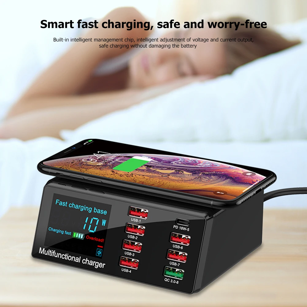 X9 100W 8 Port USB Charger Hub PD Quick Charge 3.0 Adapter LED Digital Display Desktop Charging Station Wireless onX9 100W 8 Портовая зарядная станция USB с PD быстрой зарядкой 3.0 Адаптер LED цифровым дисплеем для настольной зарядки Беспроводная активна.