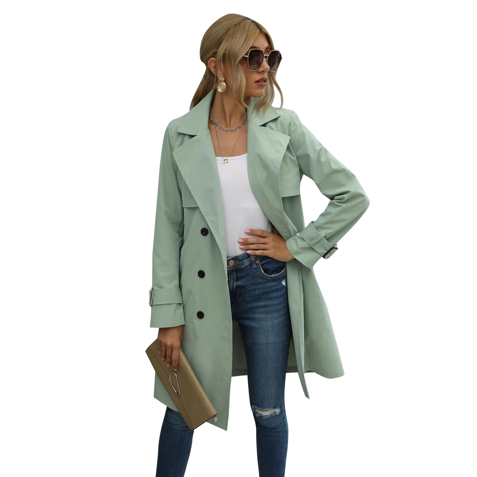 

Fashion Women Casual Solid Color Coat Adults Autumn Elagant Fashion Long Sleeve Lapel NeckDouble Breasted Belted Trench Coat