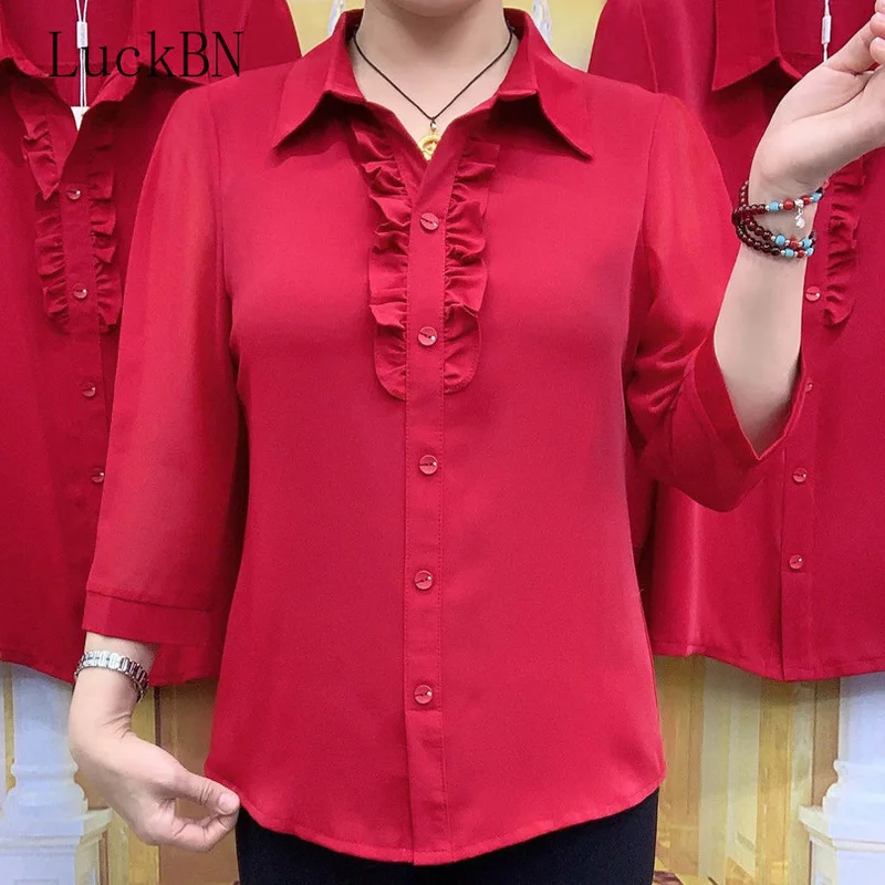 

5XL Large Size Blouses Womens Middle-aged Elderly Mothers Wear Autumn New Wine Red Fungus Lace Three-quarter Sleeve Shirt Blouse