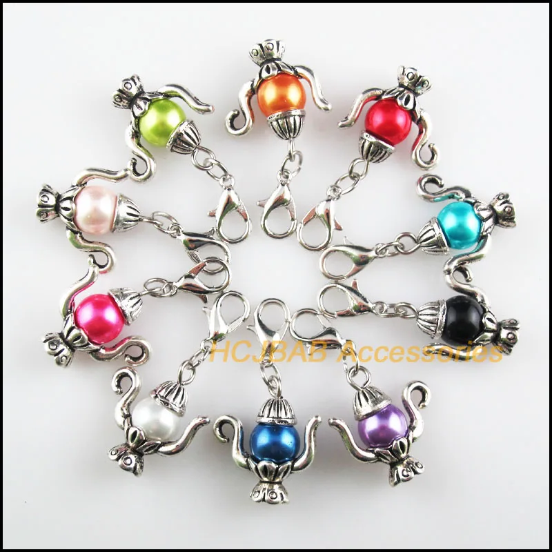 

10Pcs Tibetan Silver Tone Lamp Retro Mixed Ball Glass 19x21mm With Lobster Claw Clasps Charms
