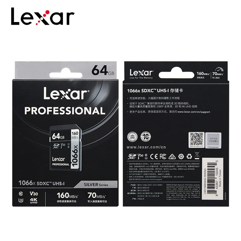 

Lexar Professional SD Card 1066x Original Memory Card Up to 160MB/s 256GB 128GB 64GB SDXC UHS-I U3 V30 Flash Card For 4K Camera
