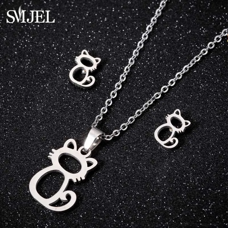 

SMJEL Cute Cat Earings for Women Kids Stainless Steel Jewelry Girl Dance Heart Elephant Necklace Hypoallergenic joias feminina