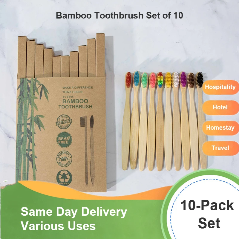 

10pc New mixed color bamboo toothbrush Eco Friendly Hotel Tooth Brush Soft bristle Tip Charcoal adults oral care toothbrush