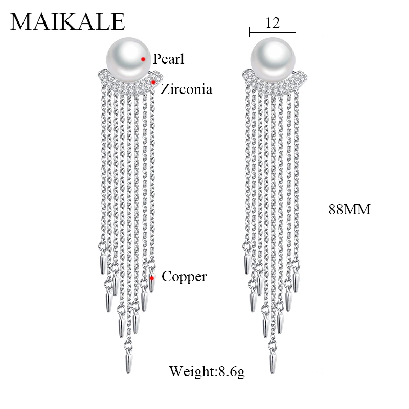 MAIKALE, трендовая Длинная кисточка, цепочка, жемчужные серьги для женщин, Висячие висячие серьги-капли с кубическим цирконием, серьги с жемчугом, ювелирные изделия для девочек