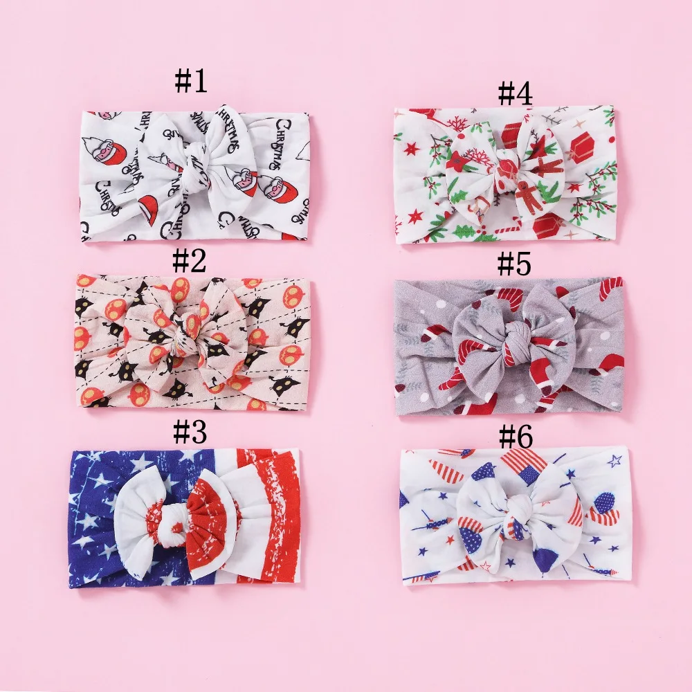 

12pcs/lot Kids Christmas Print Wide Head Tied Nylon Turban Headbands Knot Bow Baby Nylon Headwrap Baby Girls Hair Accessories