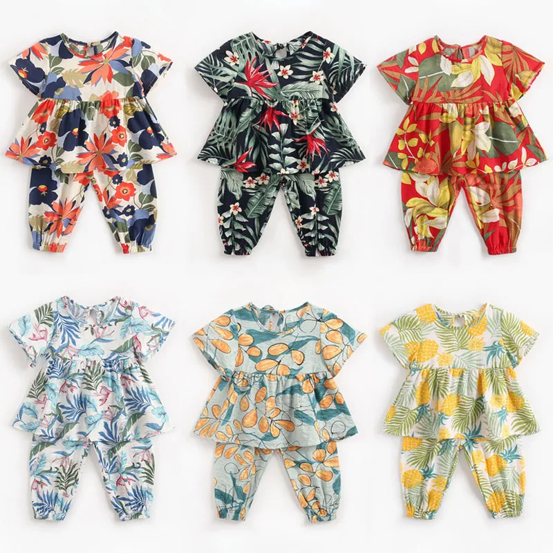 

New Spring Summer Baby Sets Girls Thin Anti Mosquito Clothing Suit Infant Plant Cotton T-shirt + Pants Baby Girl Clothes Pajamas