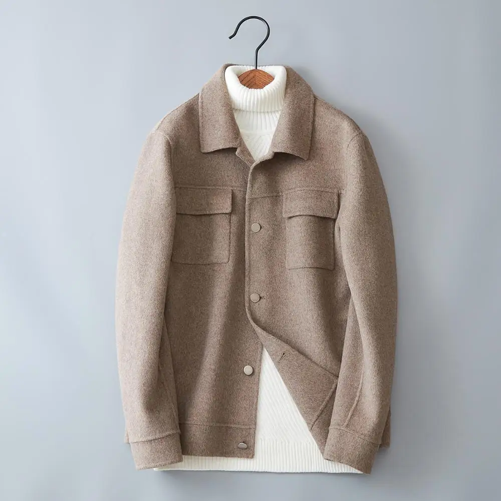 

Men Very Good Quality Wool Double-sided Woolen Material Mens Baseball Jacket Solid Outerwear Khaki Coat 1806