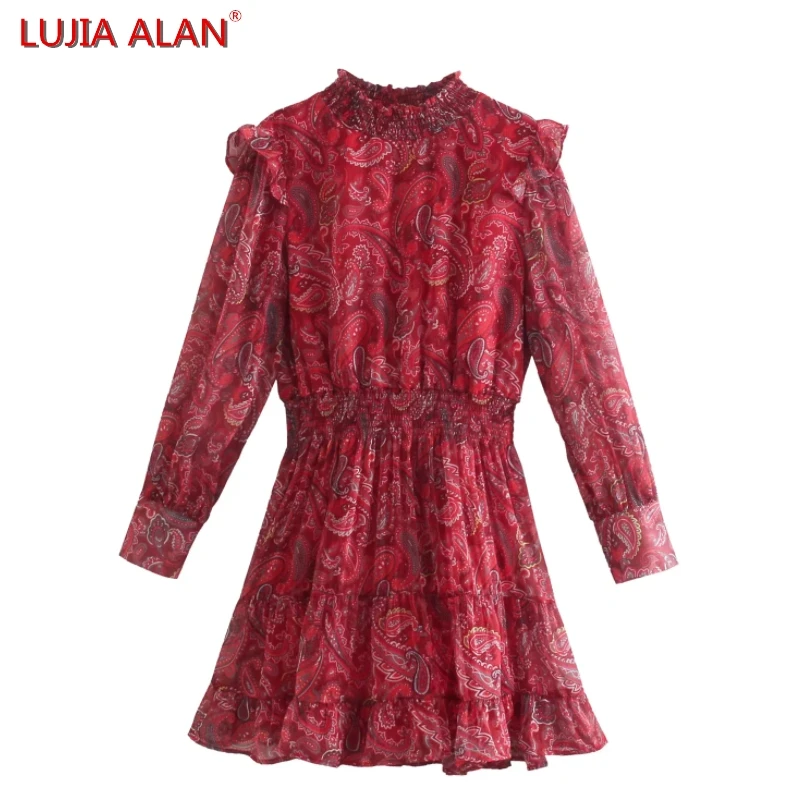 

LUJIA ALAN Women Vintage Paisley Printing Chiffon Mini Dress Summer Female Long Sleeve Tiered Ruffle Vestidos D9312