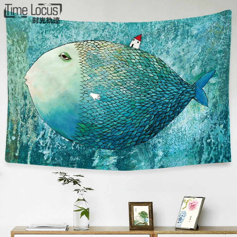 2 размера красочные животные Зеленый гобелен с изображением рыб Настенный Коврик