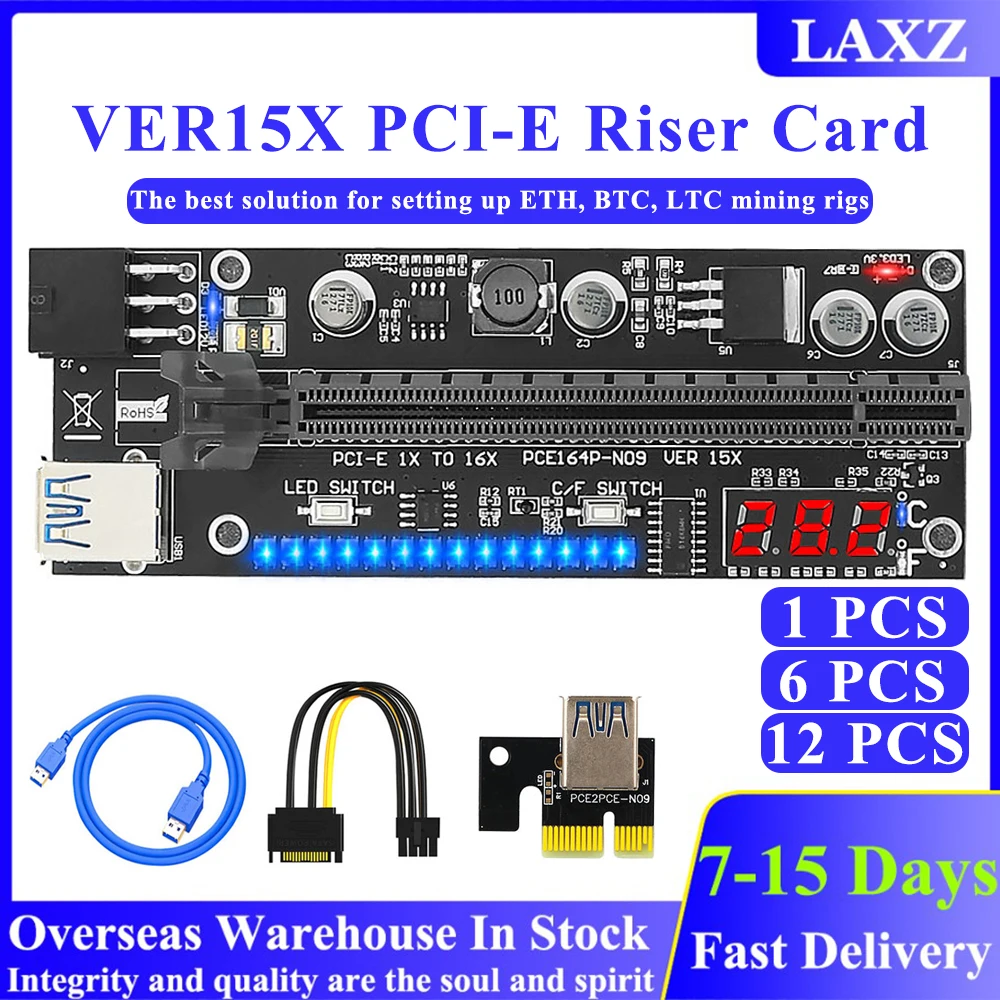 

VER15X USB 3.0 PCI-E Райзер PCI Express 1X 4X 8X 16X удлинитель адаптер GPU Майнер Райзер карта 6 Pin к SATA Power 3,0 беговой светодиодный ОД