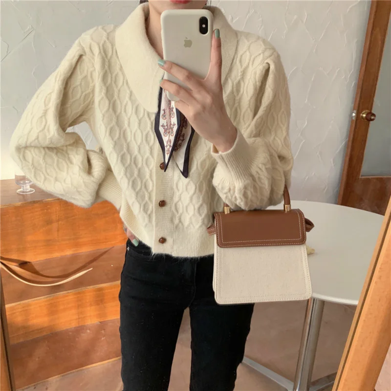 

Sueter Mujer Ladies Spring Elegant Bowknot Collar Fashion Long Sleeve Korean Twist Sweater Single Breasted Knit Cardigan Coat