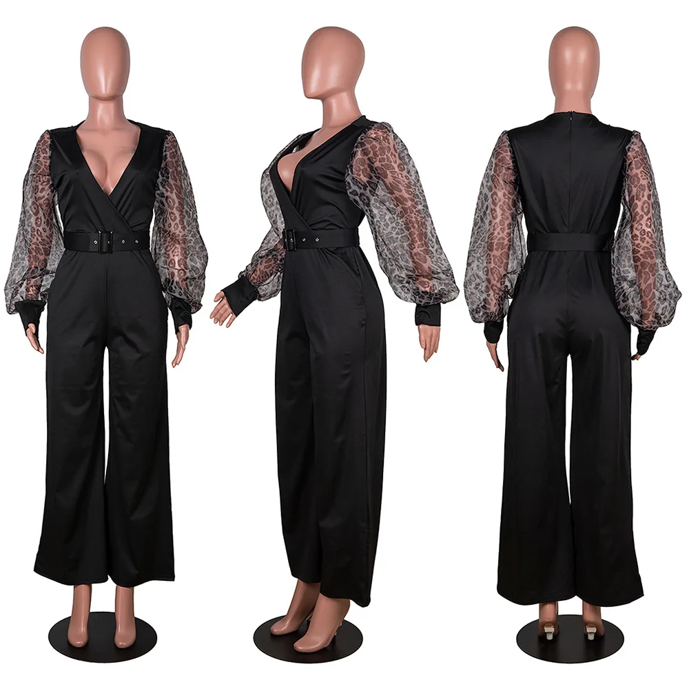 

Autumn Fashion Style Women V-neck Long Sleeve Black Jumpsuit Women Bodysuits One Piece Jumpsuit L-4XL