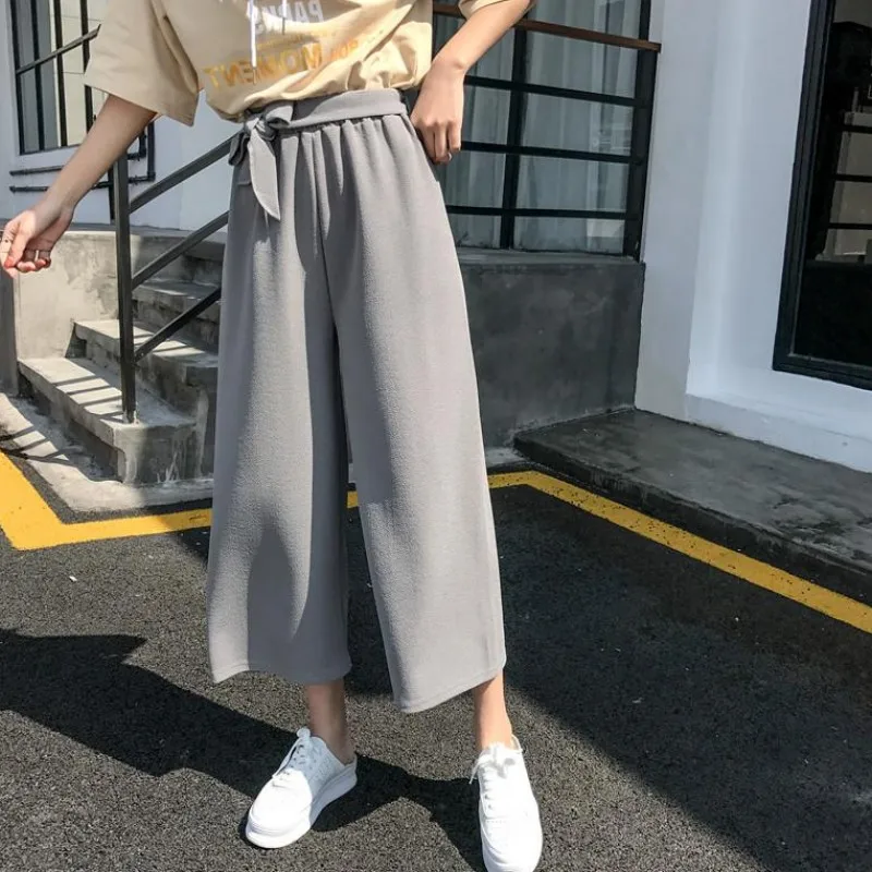 

2019 New Spring Wide Leg Pants Women College style Loose High Waist Belted Pleated Pants yy539