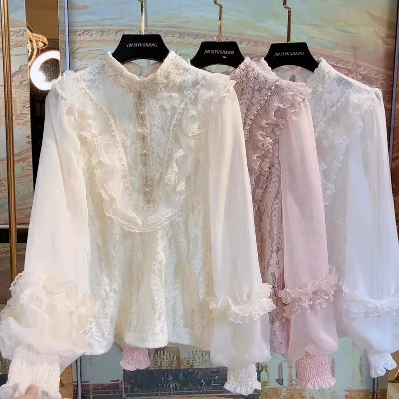 

2021 Spring and Autumn New Women's Fashion Beaded Loose Temperament All-match Lace Chiffon Shirt Western Casual Top