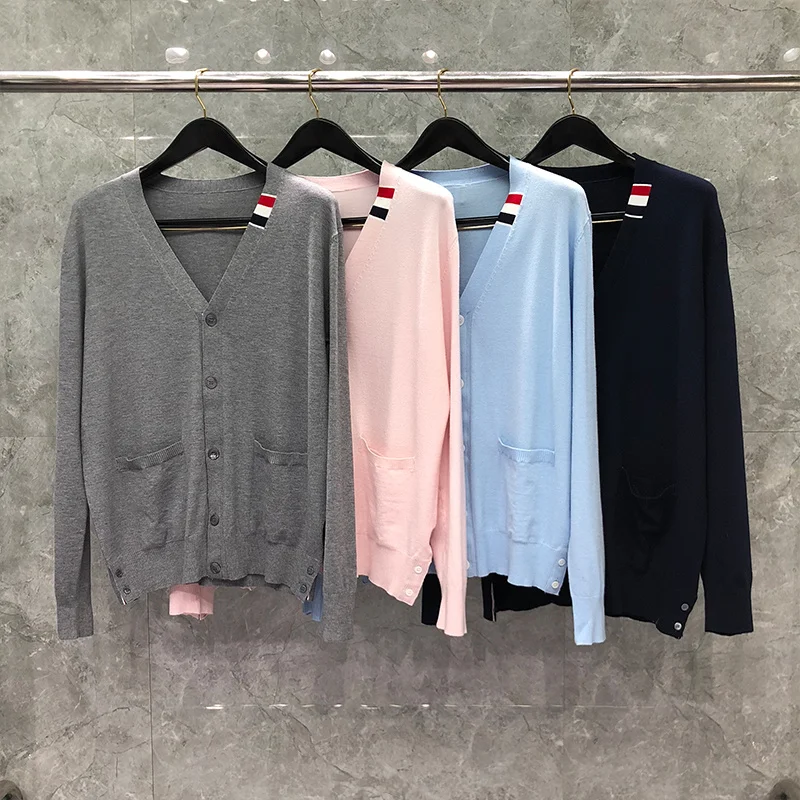 

THOM TB Sweater Autunm Winter Fashion Brand Clothing Jersey Stitch RWB Bar Stripe Relaxed Fit V-Neck Cardigan Coats