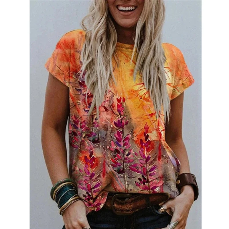 

Fashion Women's Flora Printed T-shirt Summer Short Sleeve Tops Ladies Round Collar Casual Plus Size Blouse