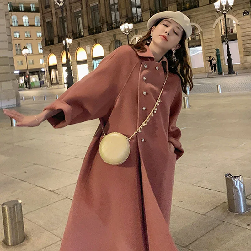 Женское зимнее пальто теплое розовое шерстяное с длинным рукавом элегантное