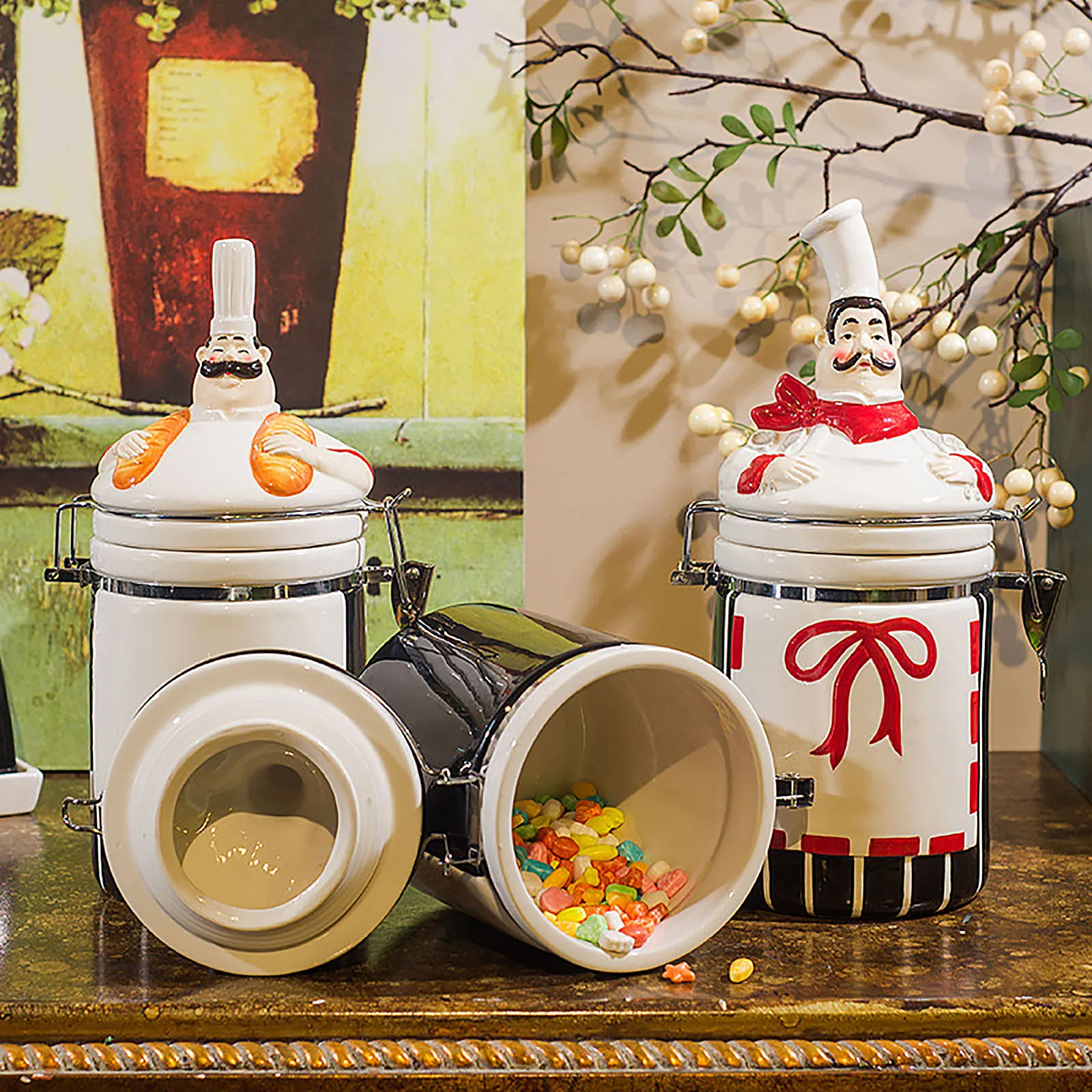 

European Ceramic Seasoning Jars For Spice Kitchen Storage Set Chefs Figurine Decoration Sealed Cans Oil Bottle Food Container
