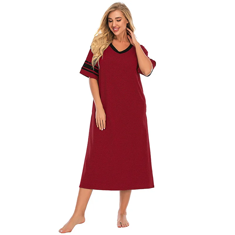 2021 European and American Women's Loose and Comfortable New Solid Color Short Sleeve Long Nightdress Home Wear Sexy Nightwear