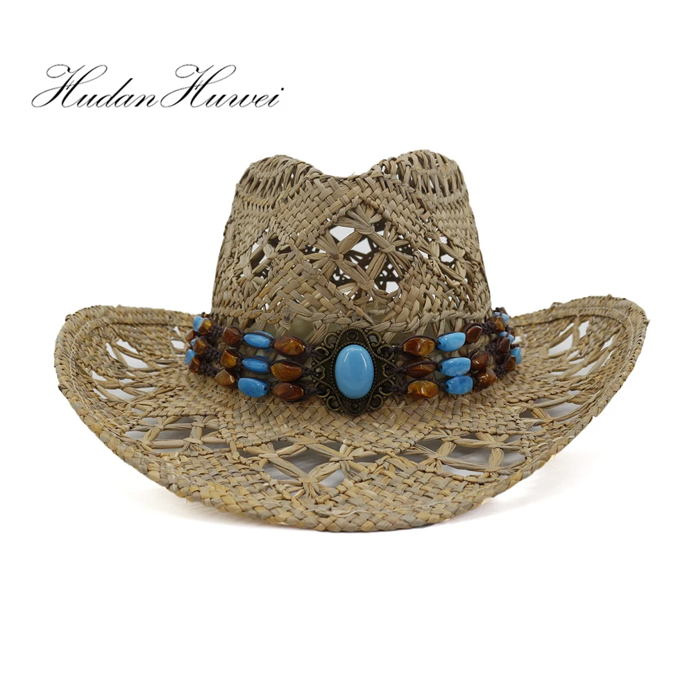2020 New Natural Salty Grass Grass Hand-Woven Cowboy Straw Sun Hat Womens Mens Summer Beach Sun Caps