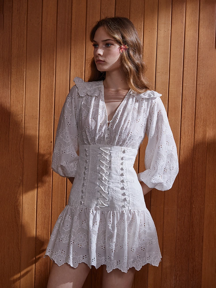 

VKBN Summer Dress Women Printed V-neck Floral Three Quarter Lantern Sleeve High Street Female Dress Waist Rope